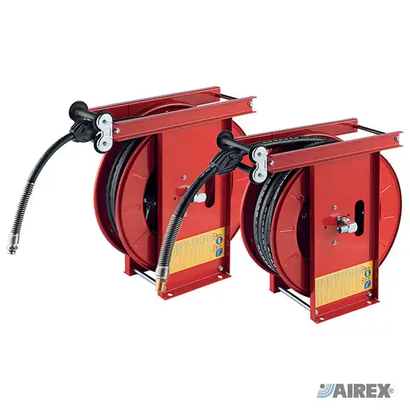Avvolgitubo automatici serie aperta in lamiera rossa per officine e industrie. AIREX