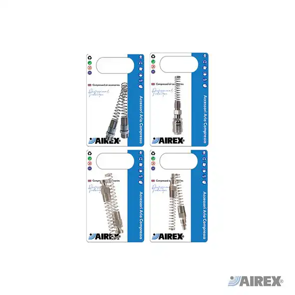 Innesti e prese rapide per tubi a spirale in confezione blister. AIREX