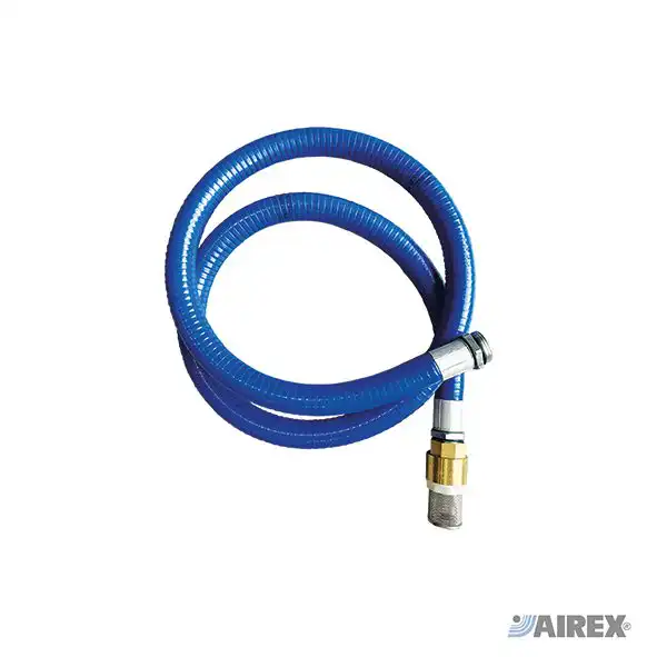 Connected blue suction hose complete with foot valve and metal filter. AIREX