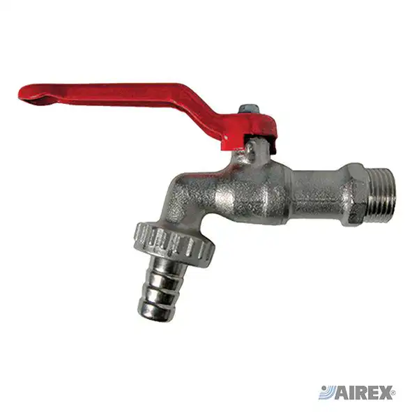 Ball tap with hose connector and knurled swivel for connecting garden and industrial hoses. AIREX