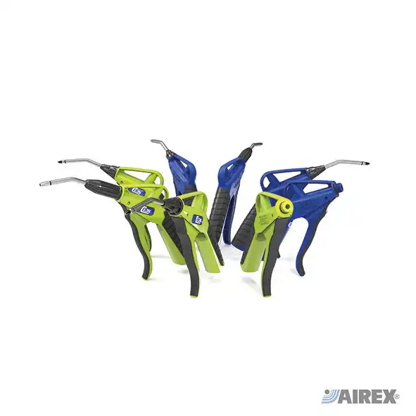 Pistola di soffiaggio Cejn serie 209 ultra leggera con impugnatura ergonomica blu e verde fluorescente. AIREX