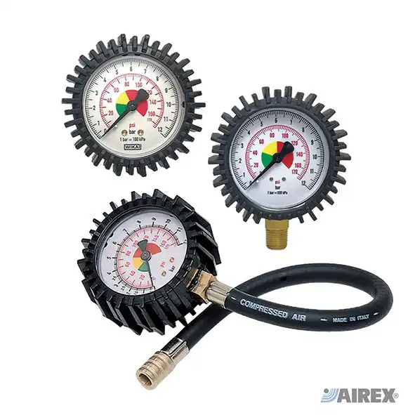 Kit manometri di ricambio con diverse scale di lettura e protezioni in gomma colorata per pistole gonfiaggio. AIREX