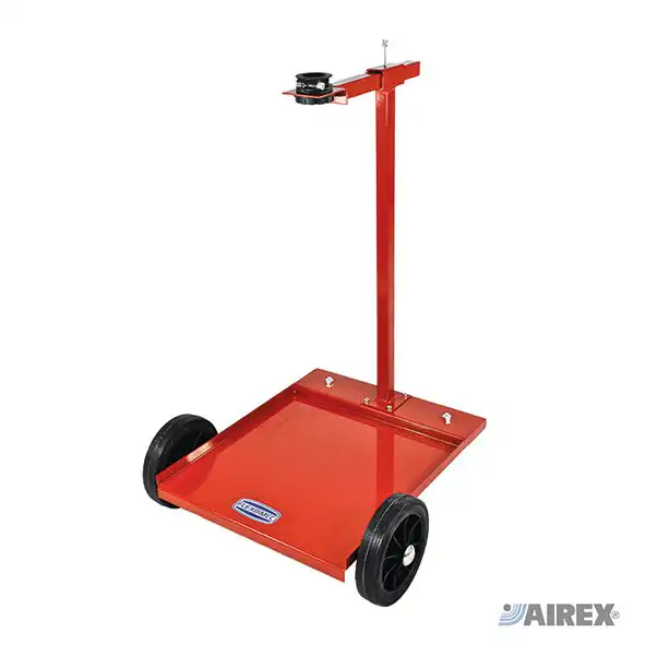 Four-wheel trolley with red base and vertical support for oil drums 20-60 kg. AIREX