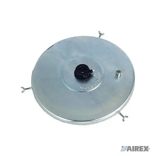 Coperchi metallici circolari per fusti di grasso dotati di ghiera e viti di fissaggio. AIREX