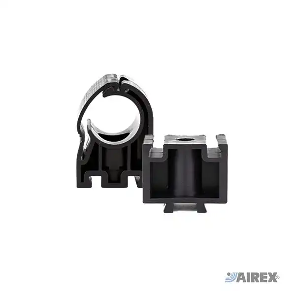 Technopolymer pipe clamp and snap-on spacers for fixing pipes to the wall. AIREX
