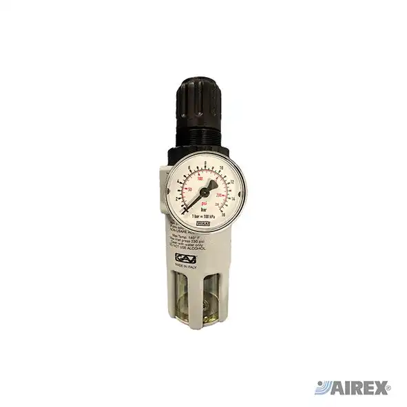 Gruppo filtro riduttore con manometro e tazza di protezione trasparente. AIREX