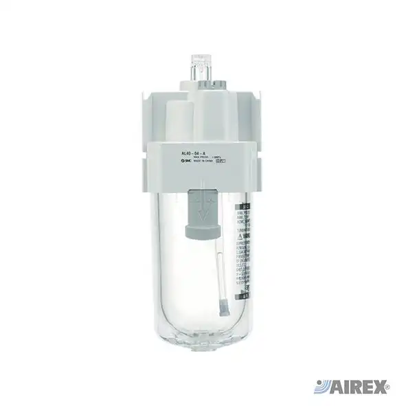 Lubrificatore pneumatico SMC dotato di tazza di protezione trasparente e regolazione. AIREX