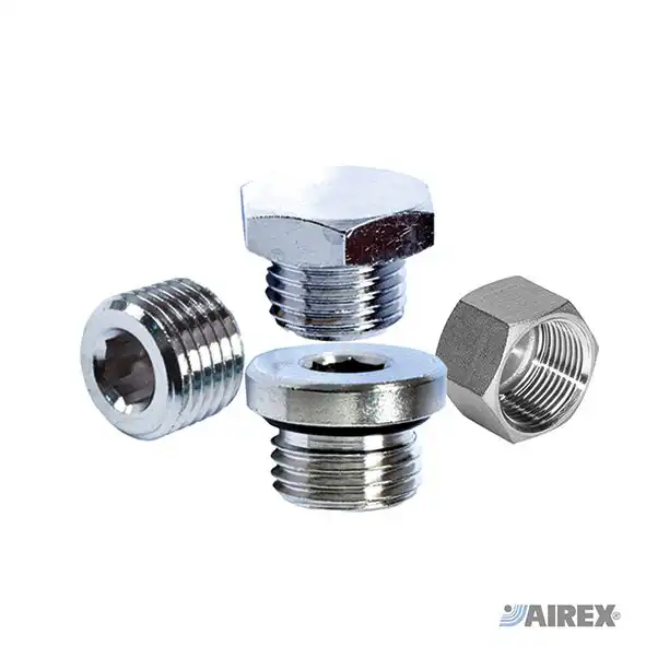 Male and female threaded brass end caps with hexagonal and allen head for terminals. AIREX
