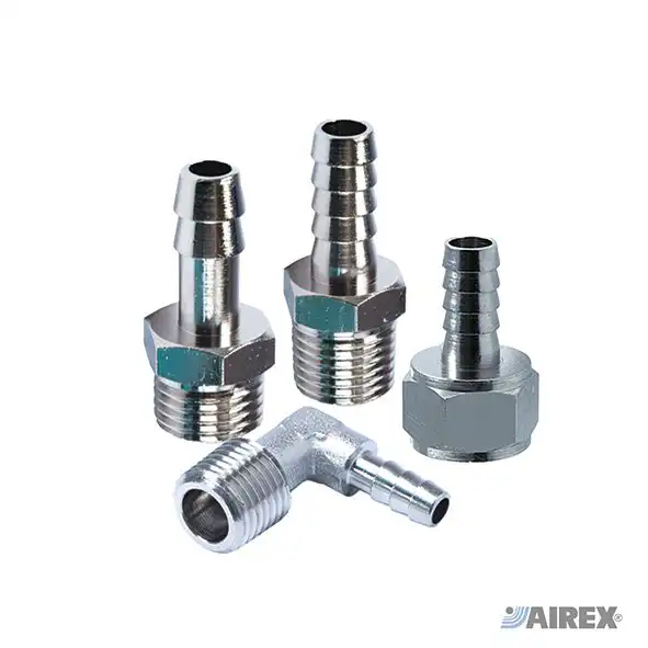 Hose connection fittings with barb profile and threaded connection for secure attachment of hoses. AIREX