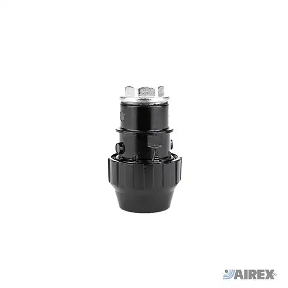 Black aluminium end caps for compressed air system pipes. AIREX