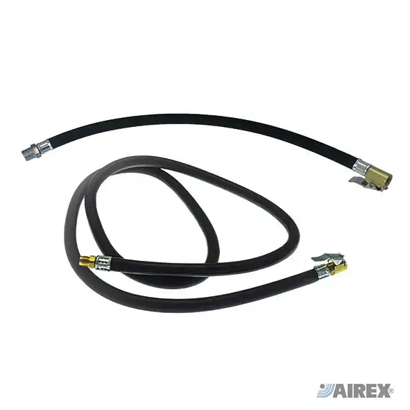 Tubi flessibili di ricambio in gomma nera per pistole di gonfiaggio con raccordi a vite metallici. AIREX