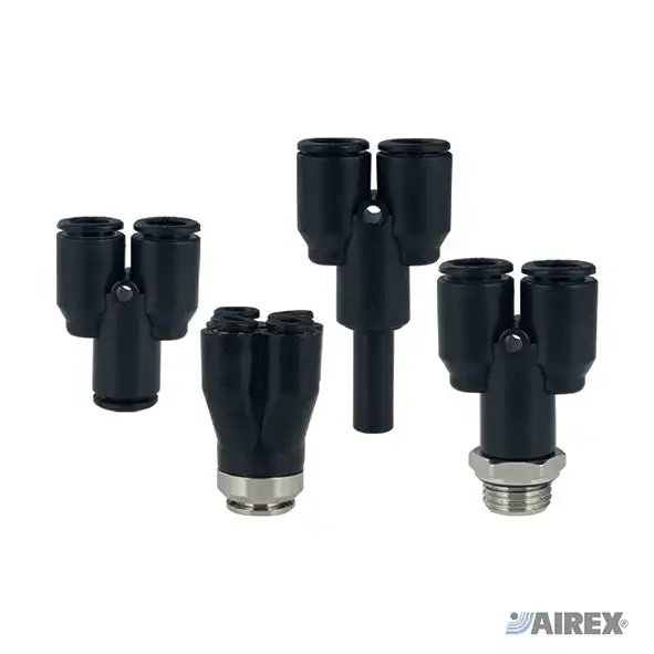 Raccordo automatico a Y sdoppiatore in tecnopolimero per la distribuzione bilanciata del flusso d'aria compressa. AIREX