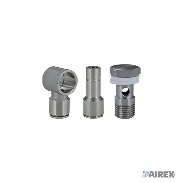 Giunzione intermedia automatica in acciaio inox per il collegamento diritto e a T di tubazioni pneumatiche. AIREX