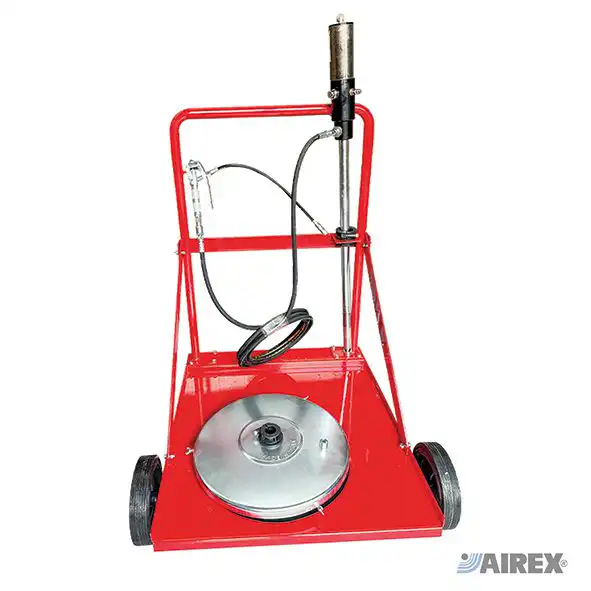 Aeropulsometro professionale per fusti da 180-200 kg con robusto carrello rosso. AIREX