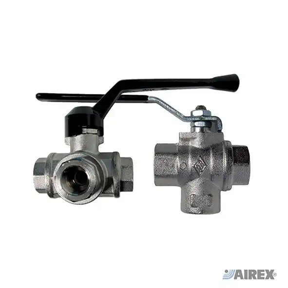 3-way ball valve for flow diversion with black hand lever and body with three threaded outlets. AIREX