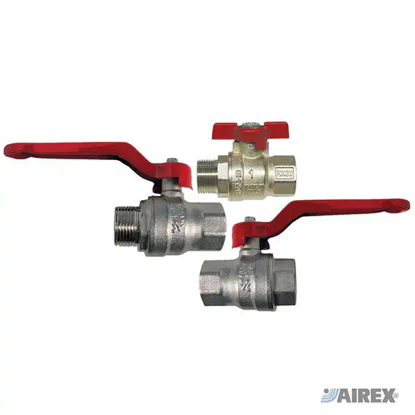 Light series full bore ball valve with red steel lever for civil plumbing systems. AIREX