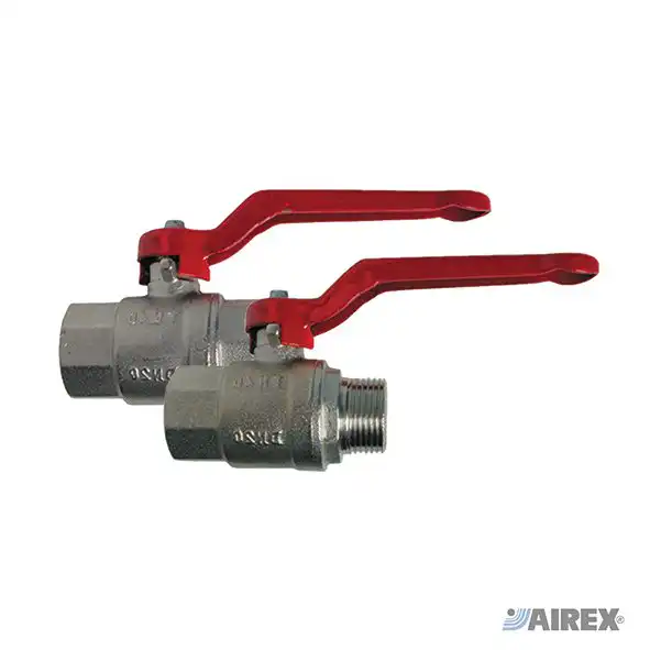 Professional heavy series ball valve with solid brass body and long red reinforced lever. AIREX