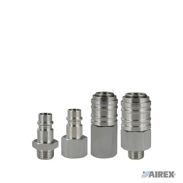 Attacchi e innesti rapidi serie universale in acciaio inox 316L per massima resistenza chimica. AIREX