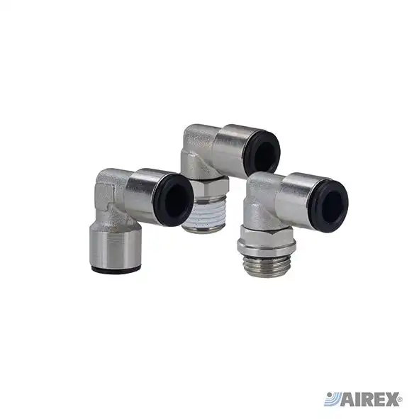 Raccordo automatico a gomito 90 gradi in ottone con anello di sgancio in plastica per automazione industriale. AIREX