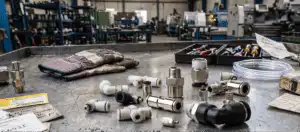 Raccordi pneumatici e tubo in poliuretano per aria compressa su banco da lavoro in officina
