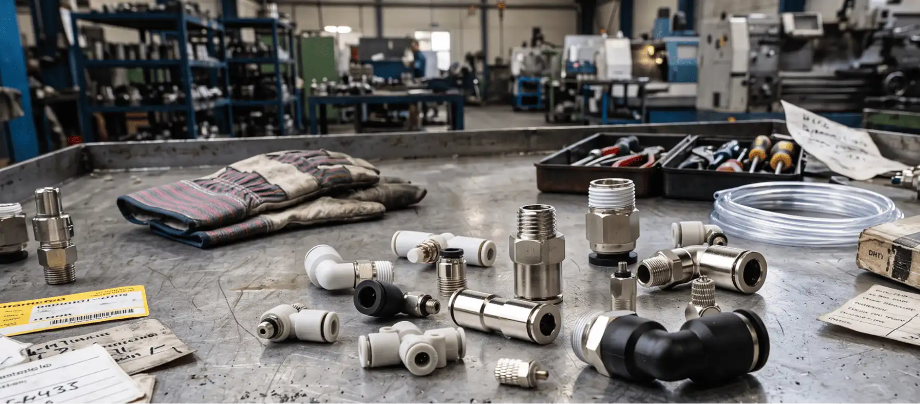 Raccordi pneumatici e tubo in poliuretano per aria compressa su banco da lavoro in officina